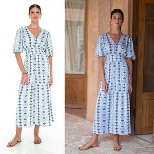 NWT  Phie Collective Tribal Mirador Maxi Dress Sky Blue Coastal Vacation